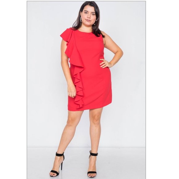 NWT PLUS SIZE Trim Frill Sleeve Mini Dress in RED - Picture 6 of 6